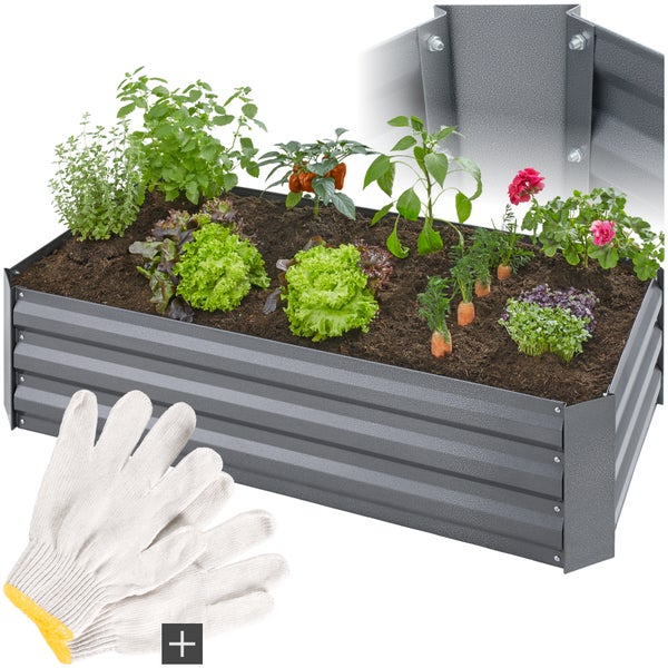 Hochbeet aus Metall mit Pflanzen und Gartenhandschuhen