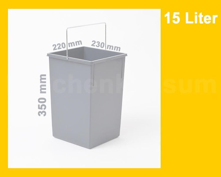 Eckiger Abfalleimer aus Kunststoff mit Metallbügel, Fassungsvermögen 15 Liter, Breite 220 Millimeter, Tiefe 230 Millimeter, Höhe 350 Millimeter.