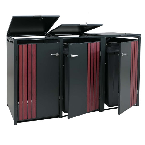 Abfallbox für drei Mülltonnen mit Holzverkleidung und abschließbarem Deckel