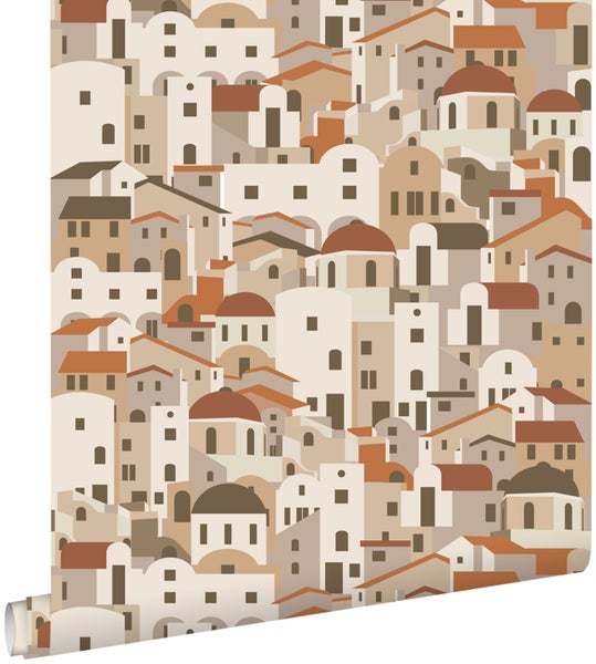 ESTAhome Tapete Mediterrane Häuser Beige und Terrakotta - 50 x 900 cm - 139623