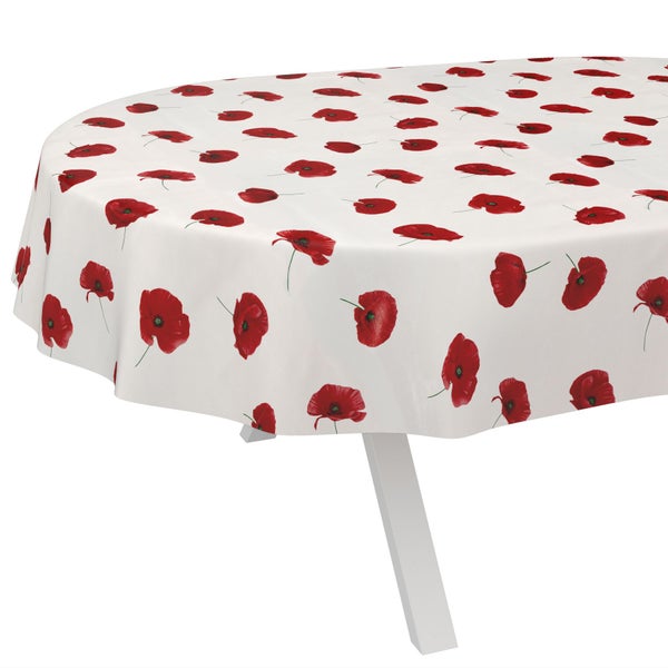 Ovale Tischdecke mit einem Muster aus roten Mohnblumen auf weißem Untergrund.