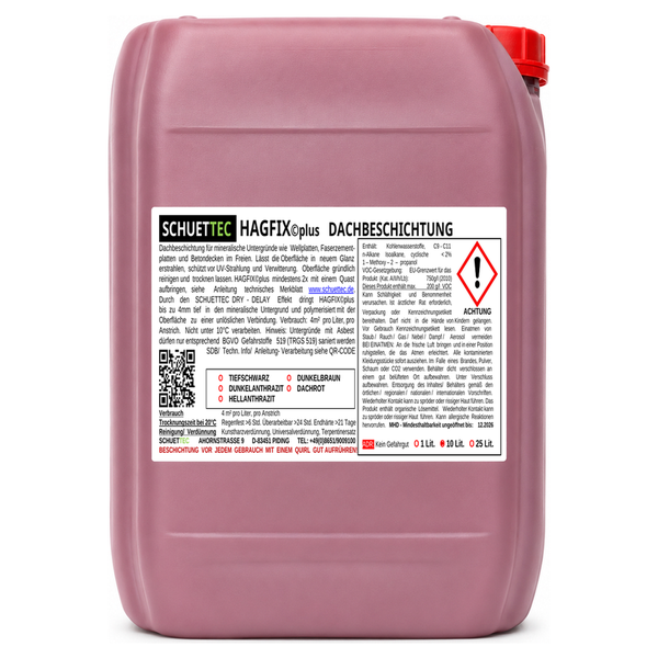 Schuettec Hagfixplus Dachbeschichtung, 10 Liter Kanister für mineralische Untergründe mit Warnhinweis.