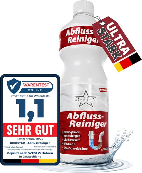 Ricostar Abflussreiniger 1000ml – Extra starker Rohrreiniger gegen Verstopfungen, Haare & Gerüche – Flüssiger Abflussreiniger für Küche, Bad & Dusche – Materialschonend & Made in Germany