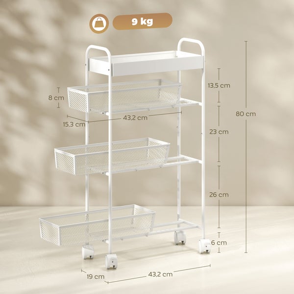 Weißer Rollwagen mit 4 Etagen und Gitterkörben. Maße: Höhe 80 Zentimeter, Breite 43,2 Zentimeter, Tiefe 19 Zentimeter. Tragkraft 9 Kilogramm.