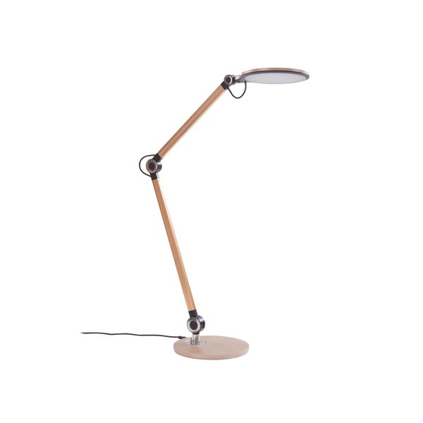 Moderne LED-Schreibtischlampe mit verstellbarem Holzarm und rundem Lampenkopf.