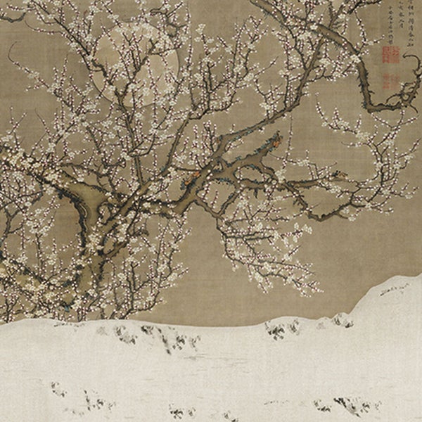 Gemälde eines blühenden Baumes im Schnee