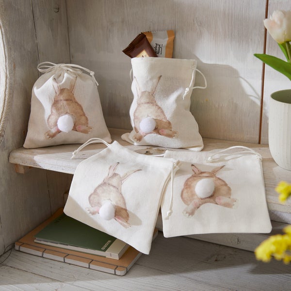 FRANK FLECHTWAREN | Geschenkbeutel Hoppelhase, 4er Set, BAUMWOLLE, 15 x 17 cm