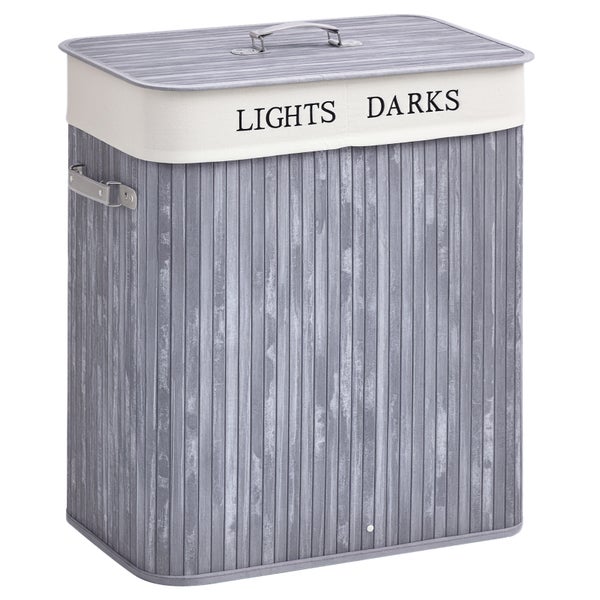 Wäschekorb aus Bambus mit Aufschrift Hell und Dunkel