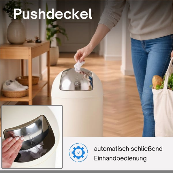 Mülleimer mit Pushdeckel in einem hellen Flur, automatisch schließend, für eine bequeme Einhandbedienung beim Entsorgen von Abfall.