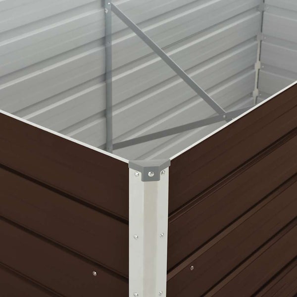 Detailansicht eines Hochbeets aus Metall mit Eckprofil und interner Kreuzverstrebung zur Stabilisierung.