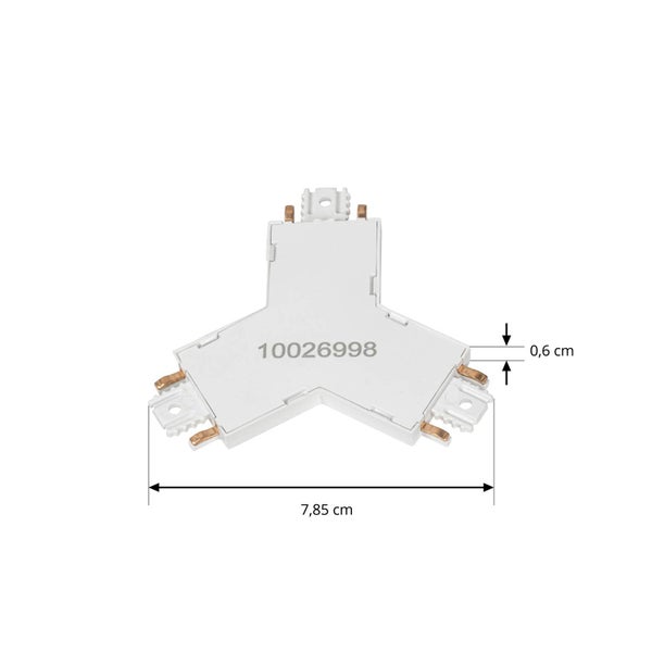 3-Wege-Verbinder für Schienensysteme aus Kunststoff, Maße 7,85 Zentimeter mal 0,6 Zentimeter.