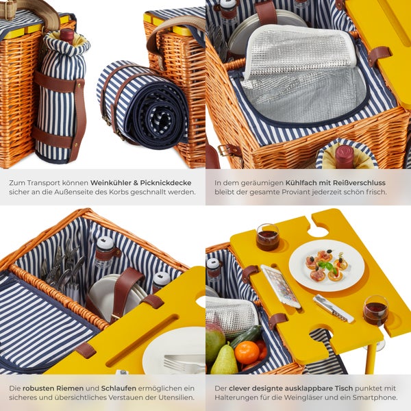 Picknickkorb tectake Rügen inkl. 20-teiliges Geschirrset, Kellnermesser, Gewürzstreuer und Weinkühler für 4 Personen, mit Picknickdecke braun