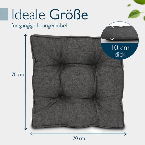 Quadratisches Loungekissen mit einer Größe von 70 mal 70 Zentimeter und einer Stärke von 10 Zentimeter für Gartenmöbel.
