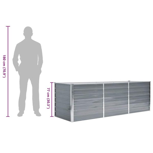 Graues Hochbeet aus Metall mit einer Höhe von 77 Zentimetern im Größenvergleich zu einer 180 Zentimeter großen Person.