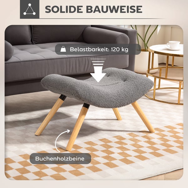 Grauer Fußhocker mit Buchenholzbeinen, Belastbarkeit 120 Kilogramm