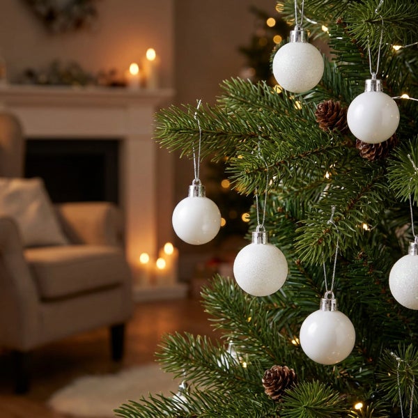 Weihnachtsbaum geschmückt mit glänzenden Weihnachtskugeln und Tannenzapfen in einem gemütlichen Wohnzimmer mit Kamin im Hintergrund.