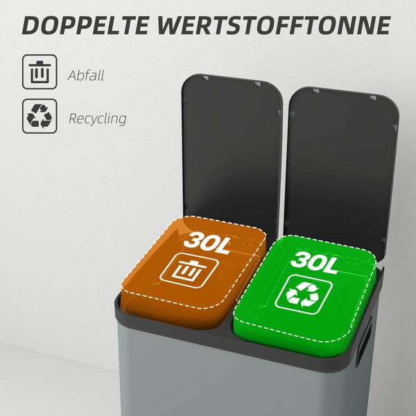 HOMCOM Mülleimer 2 x 30L Treteimer Kosmetikeimer Abfalleimer mit Deckel und Fußpedal, Müllbehälter mit Inneneimer, für Wohnzimmer, Büro, Metall, 48,8 x 39,5 x 67 cm