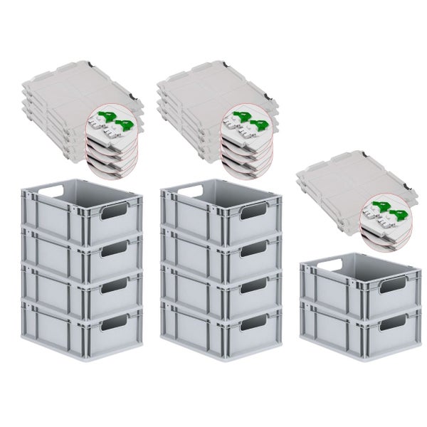 PROREGAL Spar Set 10x Eurobox Nextgen Economy Mit Scharnierdeckel & Grünen Schiebeschnappverschlüssen Griffe Offen HxBxT 17 x 30 x 40 cm 16 Liter