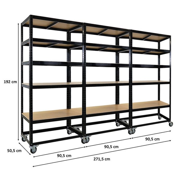 PROREGAL Mega Deal 3x Kommissionierwagen BÜFFEL Fahrbares Kommissionierregal 192x90x50cm 5 Ebenen Fachlast 50kg 2X Lenkrollen & 2X Lenkrollen mit Feststellbremse Schwarz