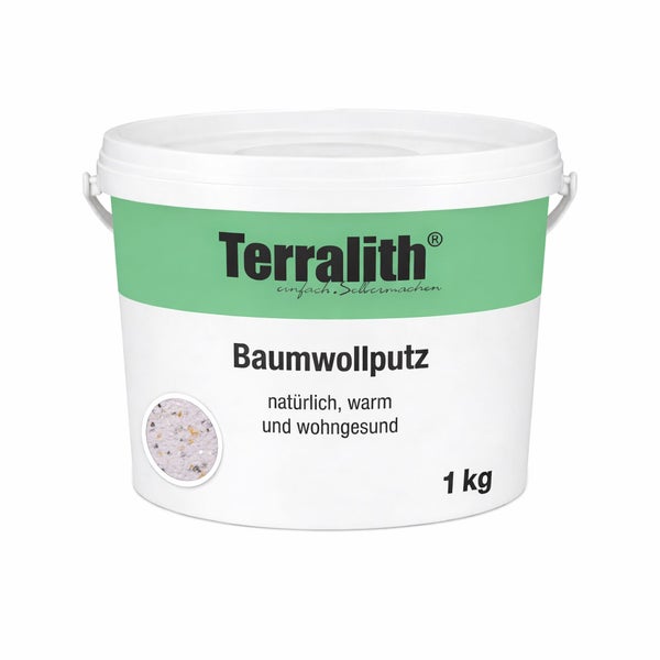 Terralith Baumwollputz im 1 Kilogramm Eimer für eine natürliche Wandgestaltung.