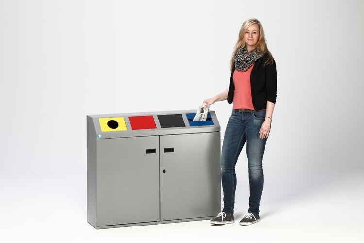 PROREGAL Robustes Wertstoffsortiersystem Eckig 4 Fach 48 Liter Je Behälter HxBxT 91 x 115 x 32,5 cm Verzinkter Stahl Silber