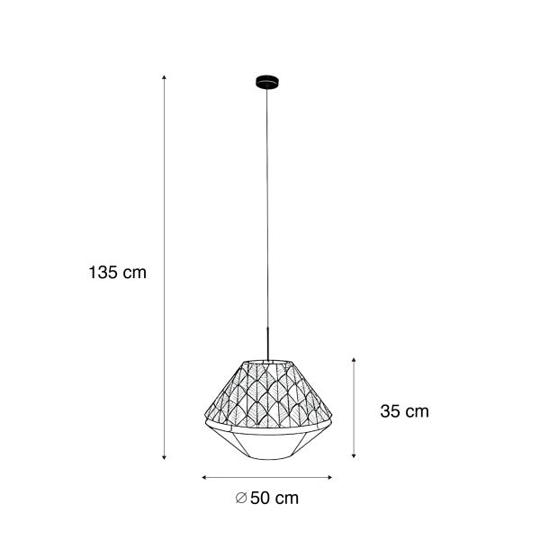 Technische Zeichnung einer Pendelleuchte mit Maßen: Gesamthöhe 135 Zentimeter, Schirmhöhe 35 Zentimeter, Durchmesser 50 Zentimeter.