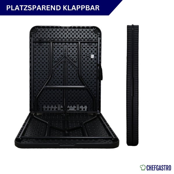 Platzsparender Klapptisch aus schwarzem Kunststoff, Ansicht der Unterseite mit Mechanismus und Seitenansicht im geklappten Zustand. ChefGastro Logo.