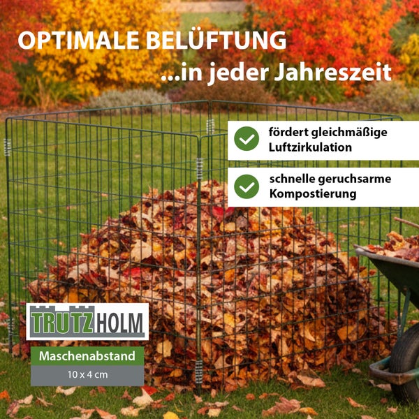 Komposter aus Drahtgitter im Garten, gefüllt mit Laub