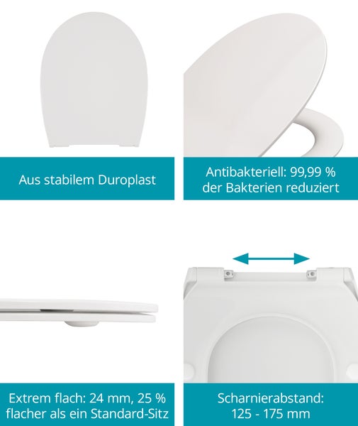 Produktmerkmale eines flachen Duroplast Toilettensitzes mit antibakterieller Oberfläche und variablen Scharnierabstand von 125 bis 175 Millimetern.