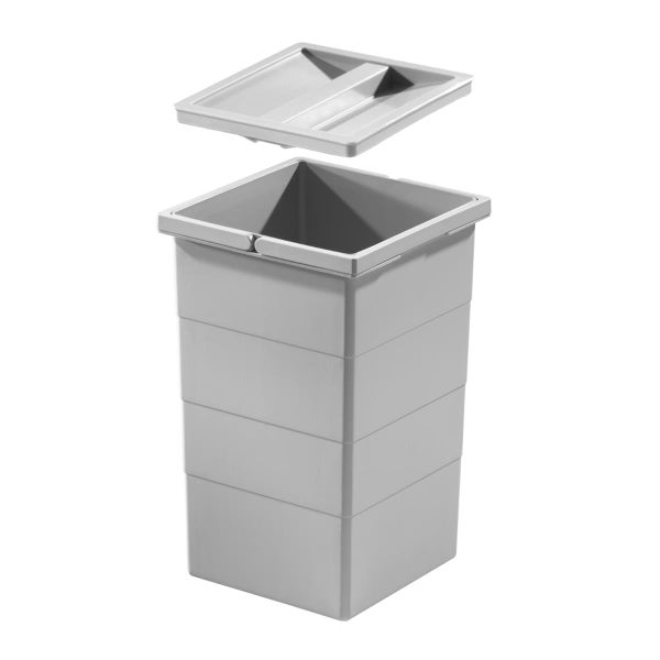 Grauer Abfallbehälter aus Kunststoff mit passendem Deckel.