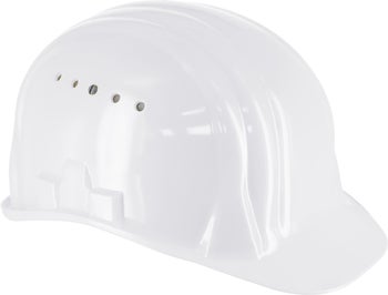 Ein Schutzhelm aus Kunststoff mit Belüftungsschlitzen für die Arbeitssicherheit.