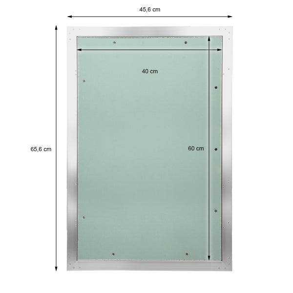 Revisionsklappe Alu-Star mit Gipskartoneinlage, Einbaumaß 40 mal 60 Zentimeter, Außenmaß 45,6 mal 65,6 Zentimeter.