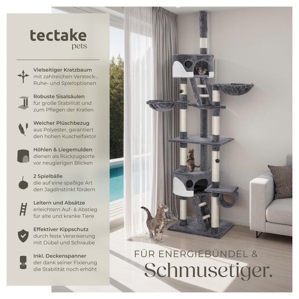 Grauer Kratzbaum mit Sisalstämmen, Liegeflächen, Höhlen und Leitern im Wohnzimmer mit Katzen von tectake