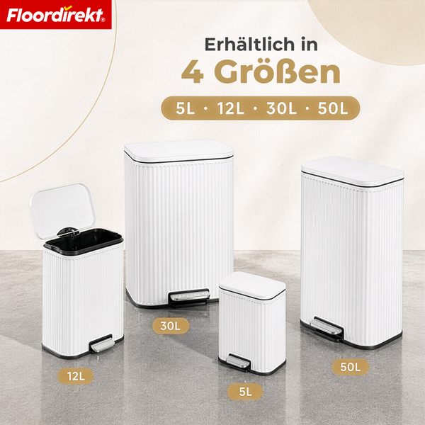 Floordirekt Logo. Vier Treteimer mit geriffelter Oberfläche, Größen 5 Liter, 12 Liter, 30 Liter und 50 Liter. Ein Eimer ist geöffnet.
