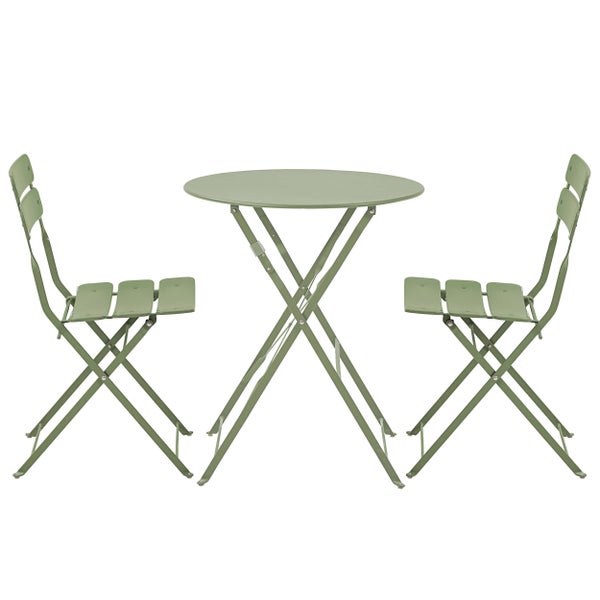 Dreiteiliges Bistro-Set aus Metall bestehend aus einem runden Klapptisch und zwei Klappstühlen mit Lattenoptik in Grün.