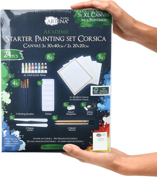 Artina Akademie Starter Malset Corsica mit fünf XL Leinwänden, Acrylfarben, Pinsel und Zubehör