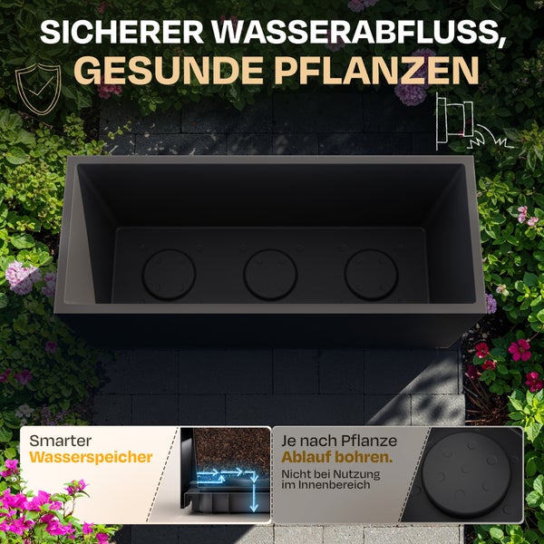 Draufsicht auf einen leeren, rechteckigen Pflanzkasten mit Details zu integriertem Wasserspeicher und bohrbaren Ablauflöchern für den Außenbereich.