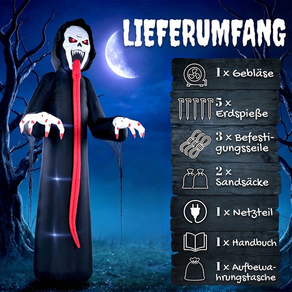 Aufblasbarer Halloween Geist mit integriertem Gebläse und Zubehör wie Erdspeisen, Befestigungsseilen, Sandsäcken, Netzteil und Tasche.
