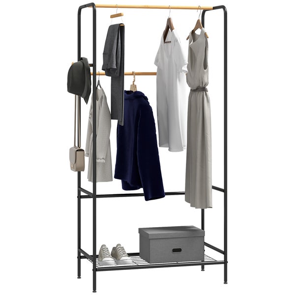 HOMCOM Kleiderständer Garderobenständer mit 2 Kleiderstangen und Ablage, Haken, Garderobe aus Stahl und Bambus für Schlafzimmer, Ausstellungen, Waschküche, Waschküche, Schwarz