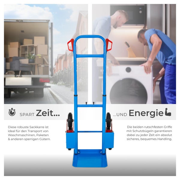 Blaue Metall-Sackkarre mit zwei Rädern vor Szenen eines Umzugs mit Paketen und einer Waschmaschine.