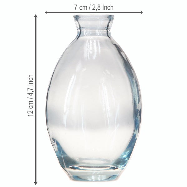 Glasvase transparent mit Maßangaben Höhe 12 Zentimeter und Breite 7 Zentimeter