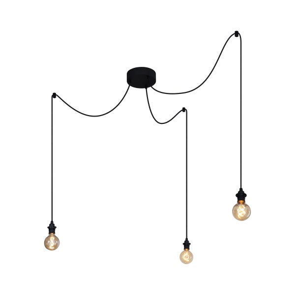 Dreiflammige schwarze Spider-Pendelleuchte mit Textilkabeln und warmweißen Leuchtmitteln.
