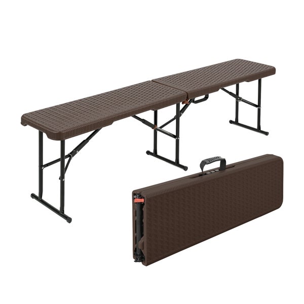 Braune Klappbank mit Tragegriff in aufgebautem und zusammengeklapptem Zustand