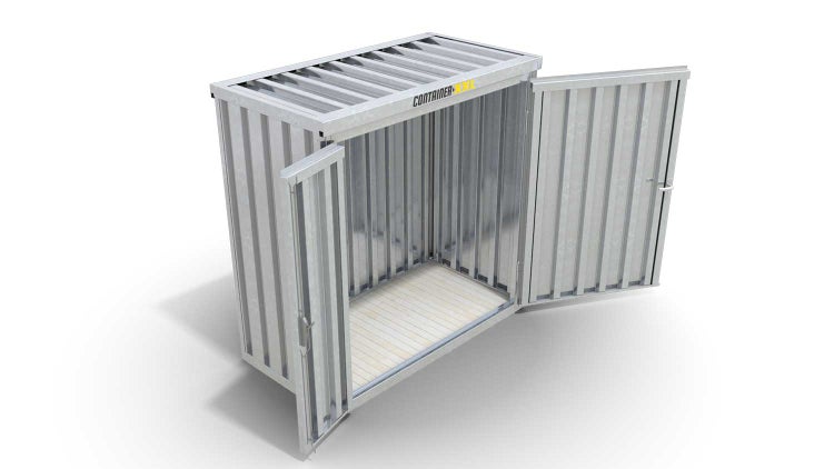 Lagercontainer Gerätehaus XS  – 2 qm, H2150 x B2100 x T1140 mm, verzinkt, mit Holzfußboden, 1830 mm Doppelflügeltür mittig in Breitseite, zerlegt