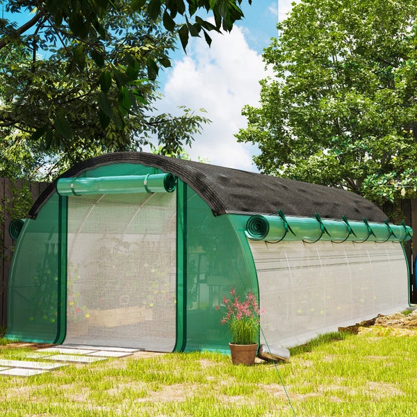 Outsunny Gewächshaus 6 x 3 x 2 m Foliengewächshaus mit 12 Fenster, Rolltüren, Aufrollbar Seitenwänden, UV-beständiger Folientunnel, Winterfest Tomatenhaus mit Erdanker, Grün