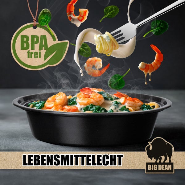 Dampfende schwarze Schale mit Garnelen, Spinat und Nudeln in cremiger Sauce, frei von Bisphenol A und lebensmittelecht, Big Dean Logo.