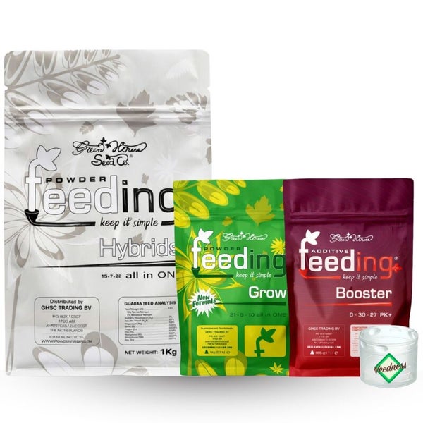 Green House Seed Co. Powder Feeding Dünger für Hybriden, Wachstum und Blüte, sowie Messbecher