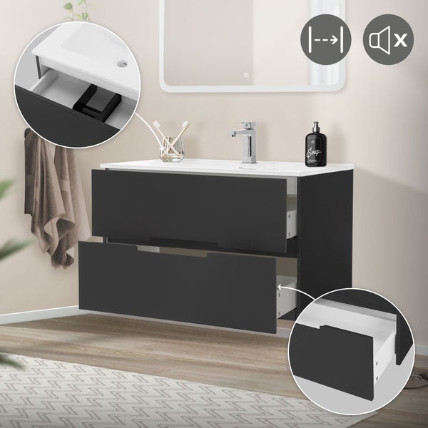 ML-Design Badmöbel-Set 3-teilig, Grau, LED-Spiegel mit Touchschalter 90x60 cm, Unterschrank 89x45x52,5 cm, MDF, Grau, Waschbecken 91,5 cm, Waschtisch Keramik, modern, Badezimmermöbel, viel Stauraum