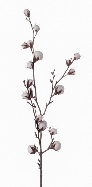 Künstlicher Baumwollzweig mit weißen Blüten und braunem Stiel.