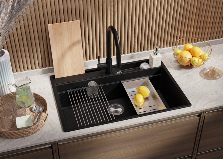 PRIMAGRAN Spülbecken Schwarz Metallic 78x53cm, Granitspüle 1 Becken + Ablauf-Set + Küchenzubehörset, Küchenspüle ab 80er Unterschrank - Oslo Pocket